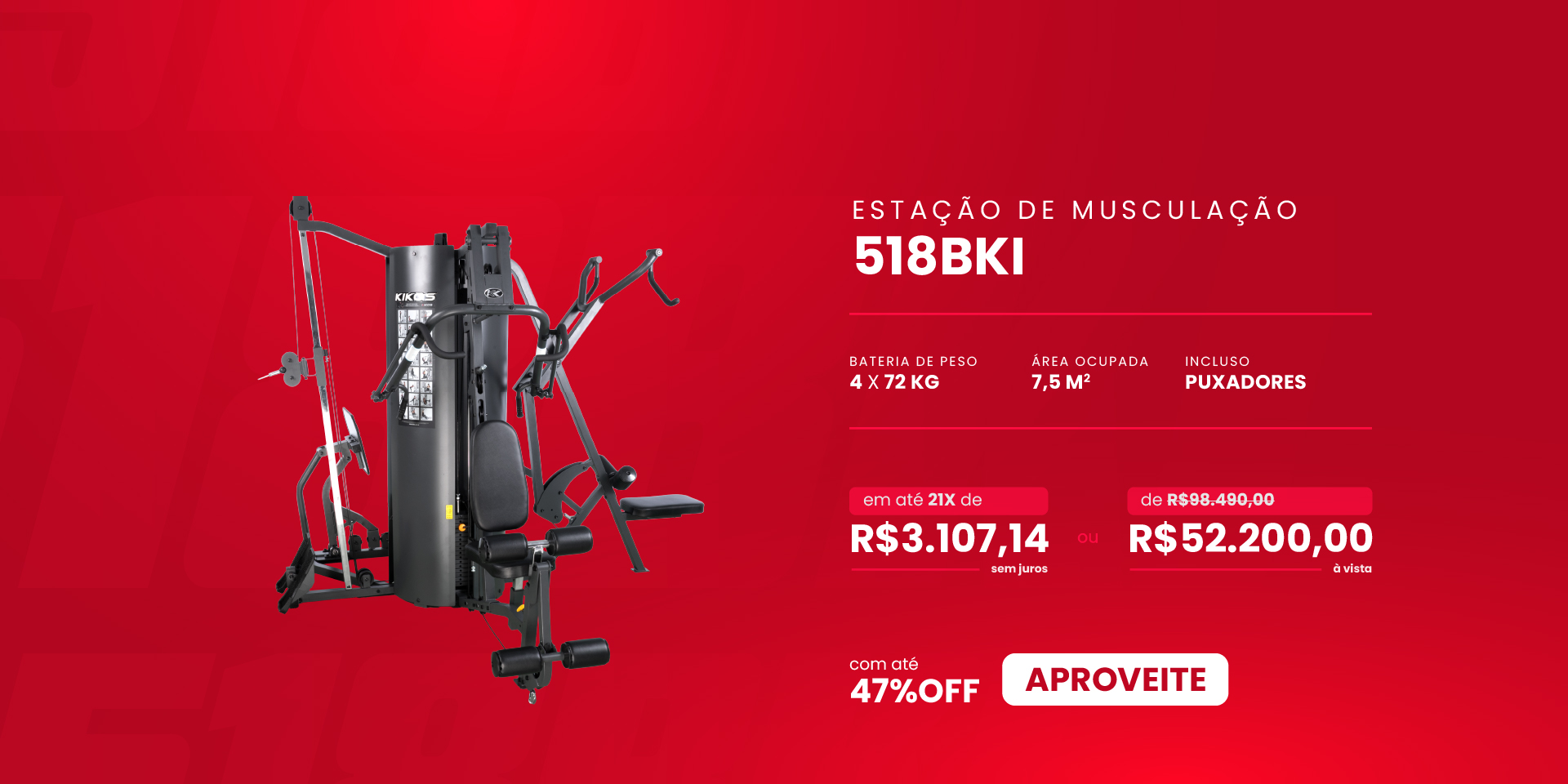Estação de Musculação Kikos 518BKi com 47% de desconto à vista ou em até 21 vezes sem juros