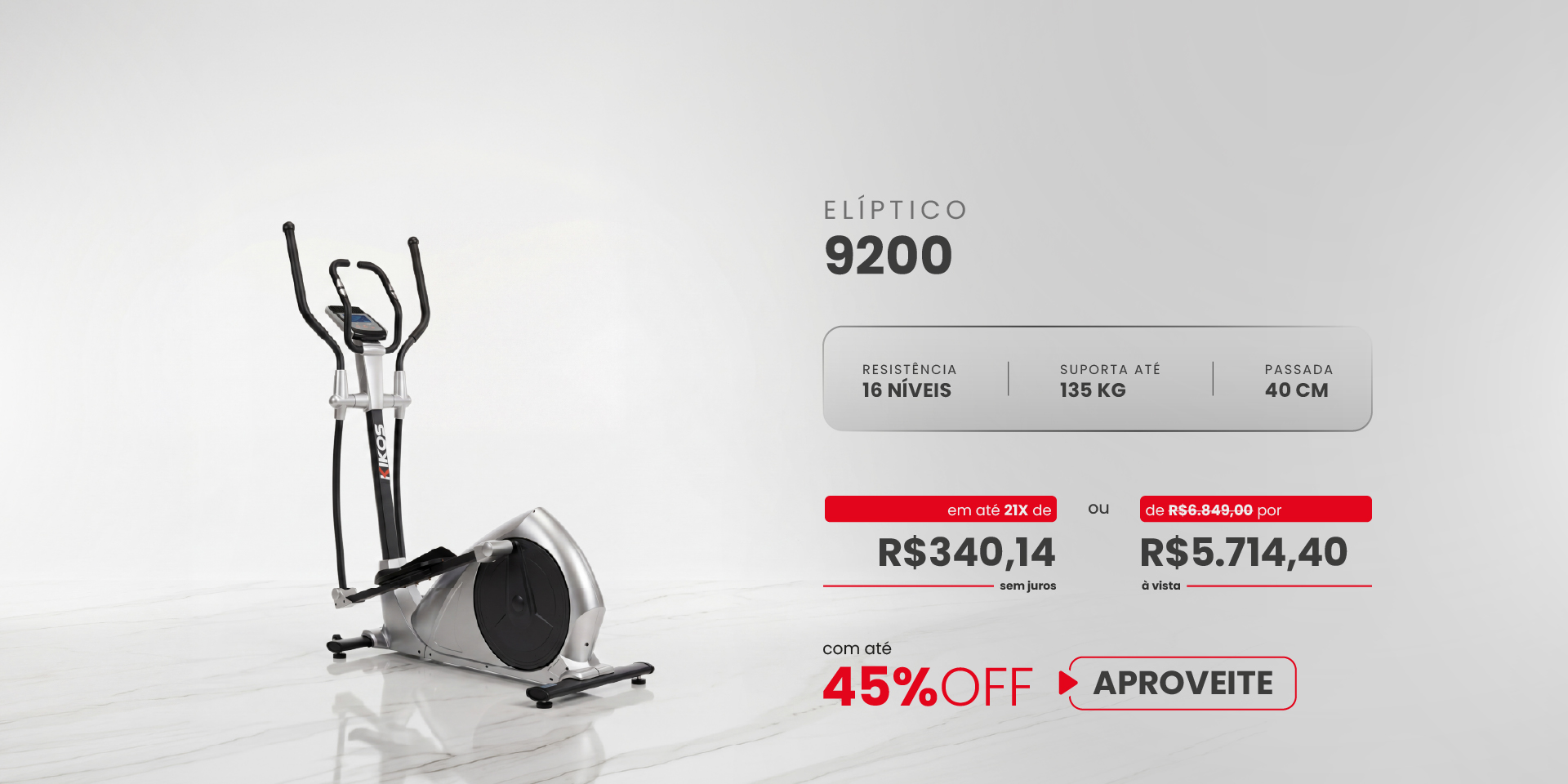 Elíptico Kikos 9200 com 45% de desconto à vista ou em até 21 vezes sem juros