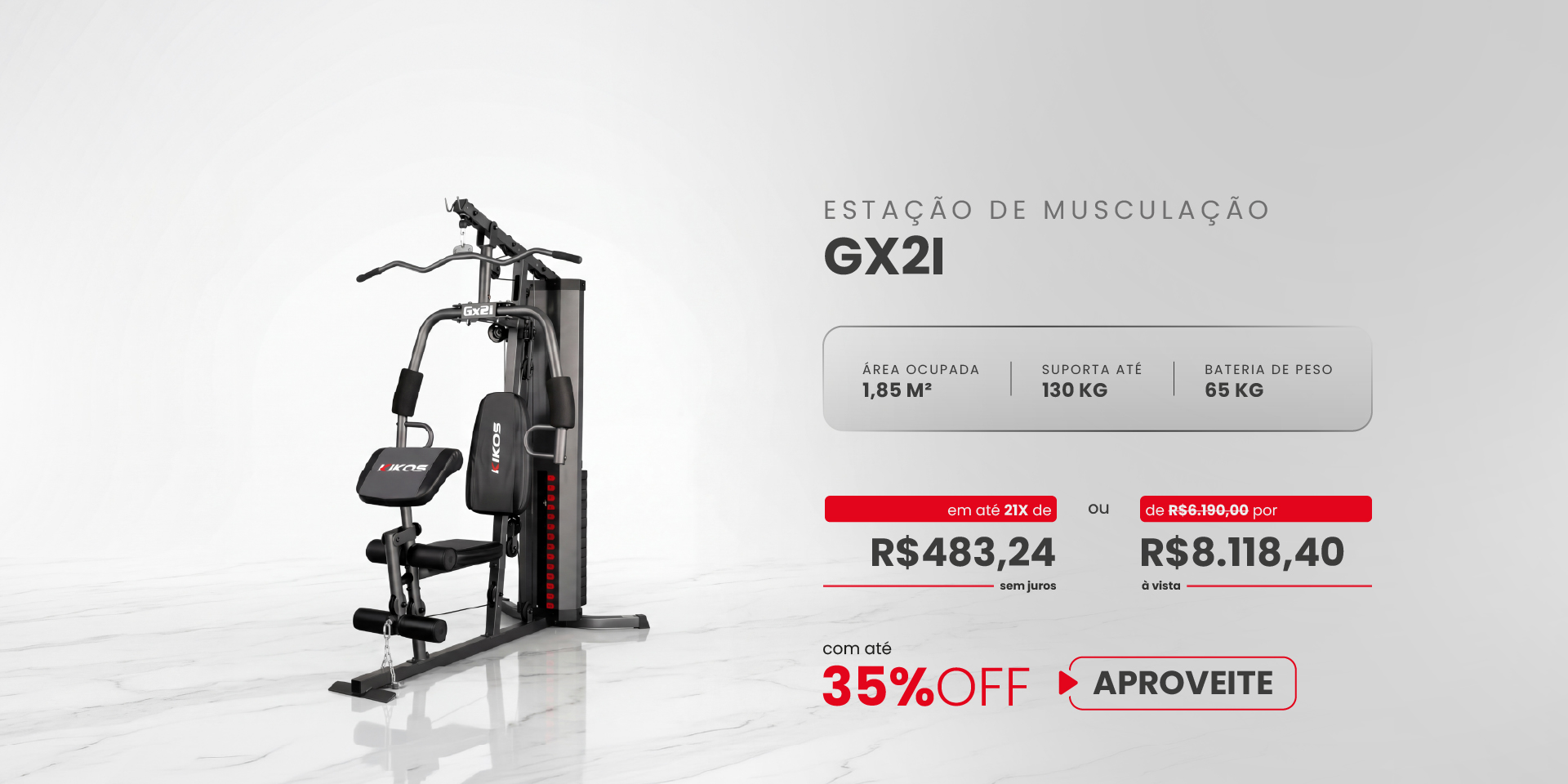 Estação de Musculação Kikos GX2i com 35% de desconto à vista ou em até 21 vezes sem juros.