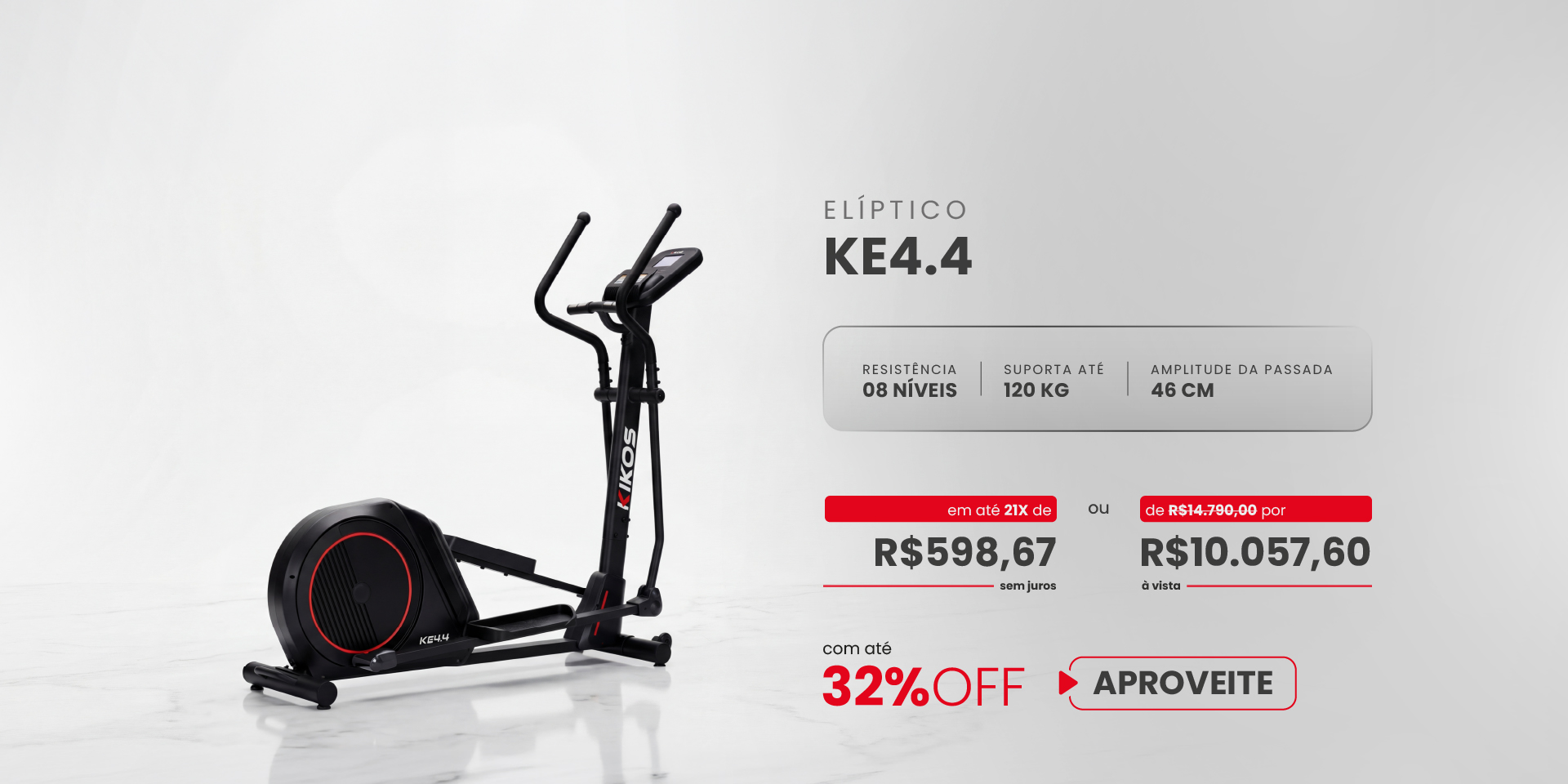 Elíptico Kikos KE4.4 com 32% de desconto à vista ou em até 21 vezes sem juros