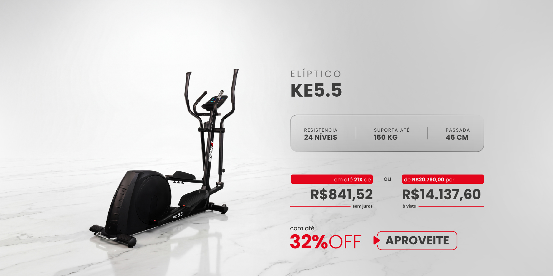 Elíptico Kikos KE5.5 com 32% de desconto à vista ou em até 21 vezes sem juros