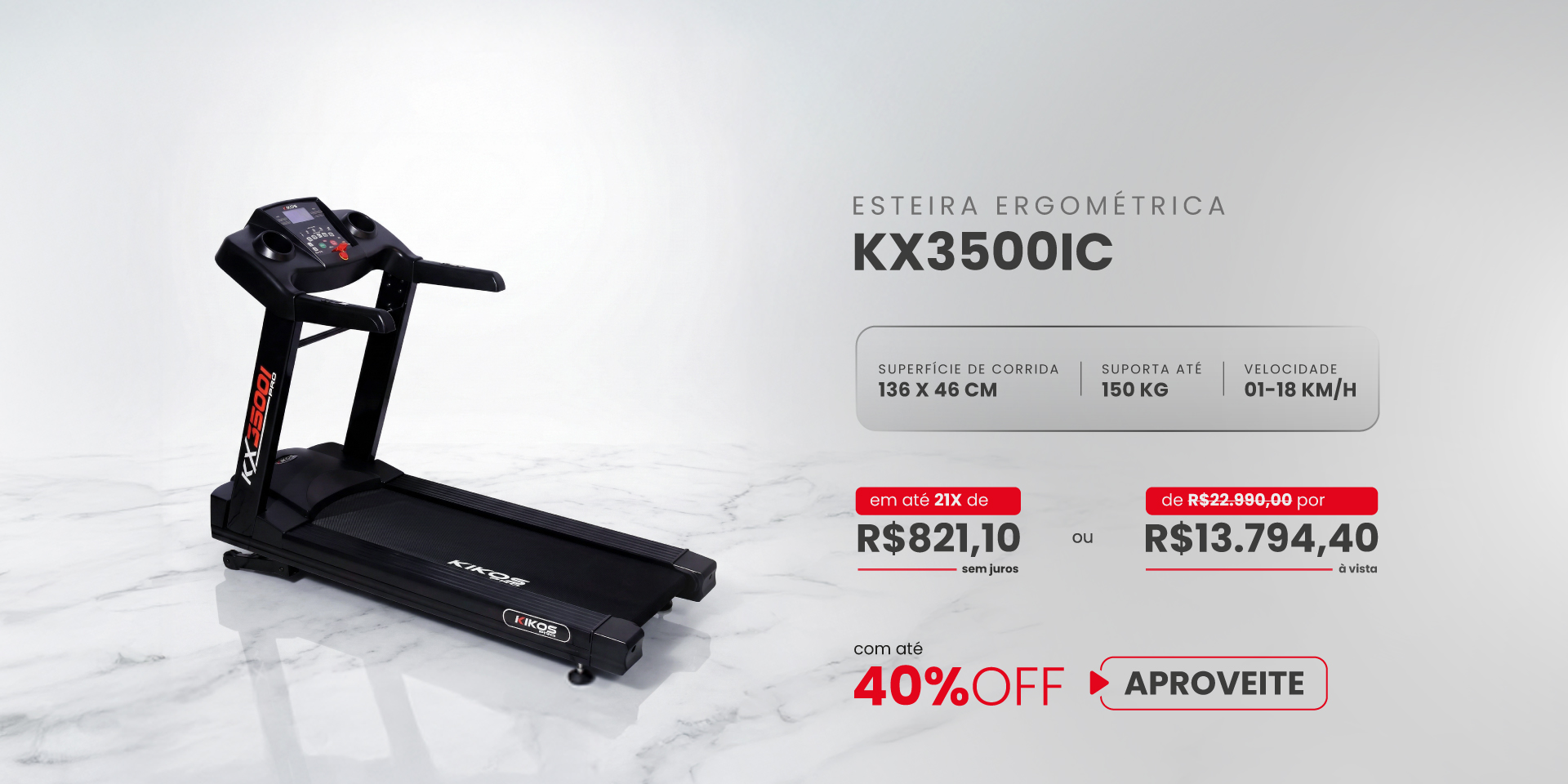 Esteira Ergométrica Kikos KX3500I  com 40% de desconto à vista ou em até 21 vezes sem juros