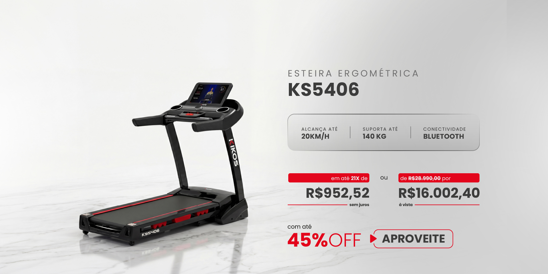 Esteira Ergométrica Kikos KS5406 com 45% de desconto à vista ou em até 21 vezes sem juros