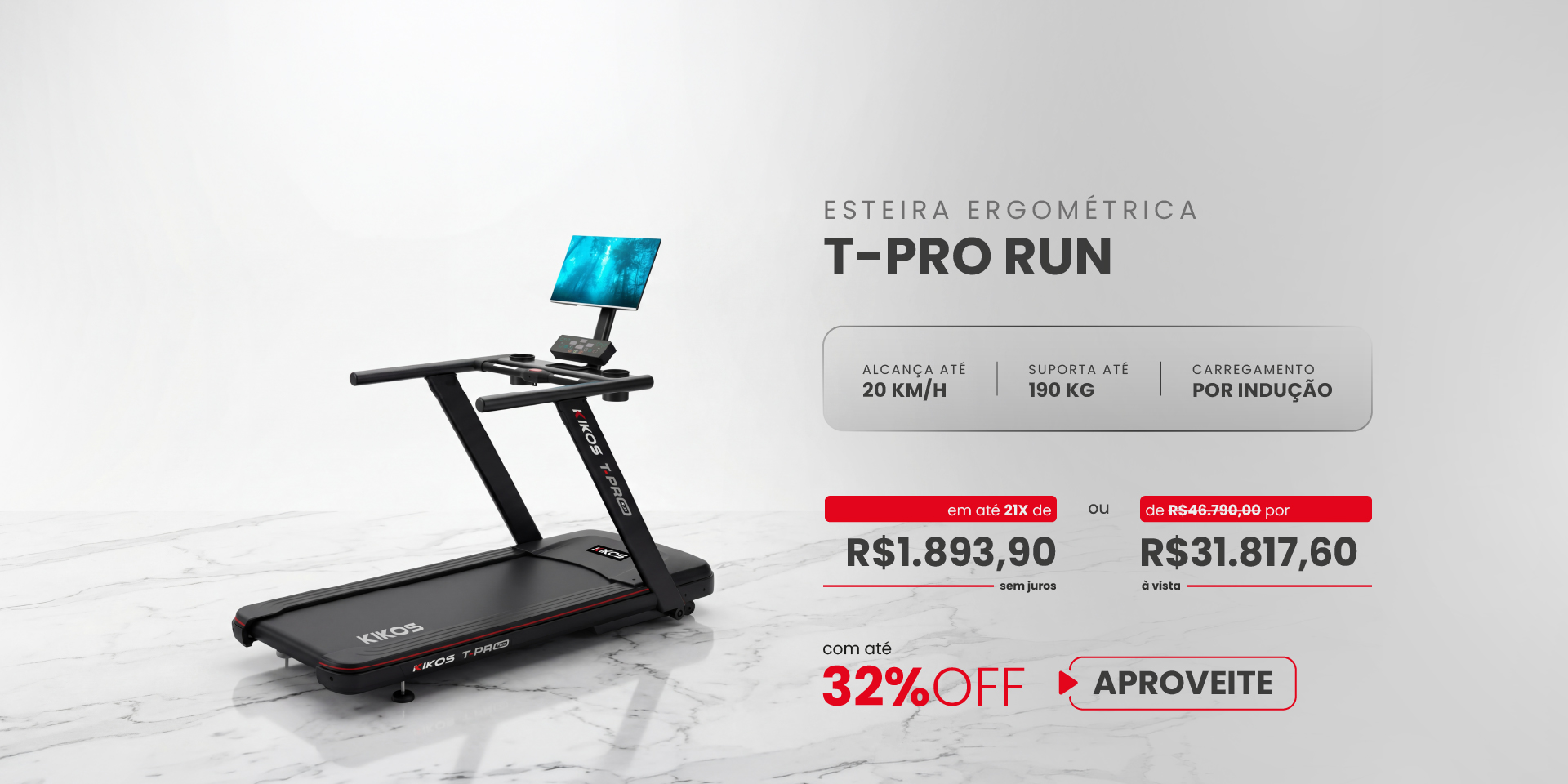 Esteira Ergométrica Kikos T-Pro Run com 32% de desconto à vista ou em até 21 vezes sem juros