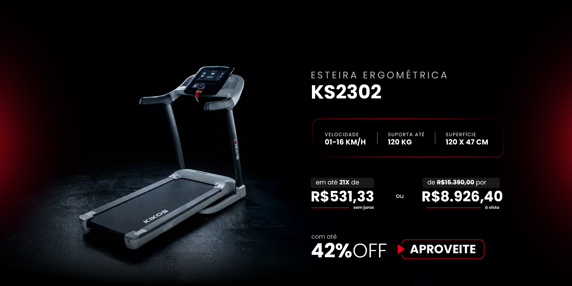 Esteira Ergométrica Kikos KS2302 com 42% de desconto à vista ou em até 21 vezes sem juros