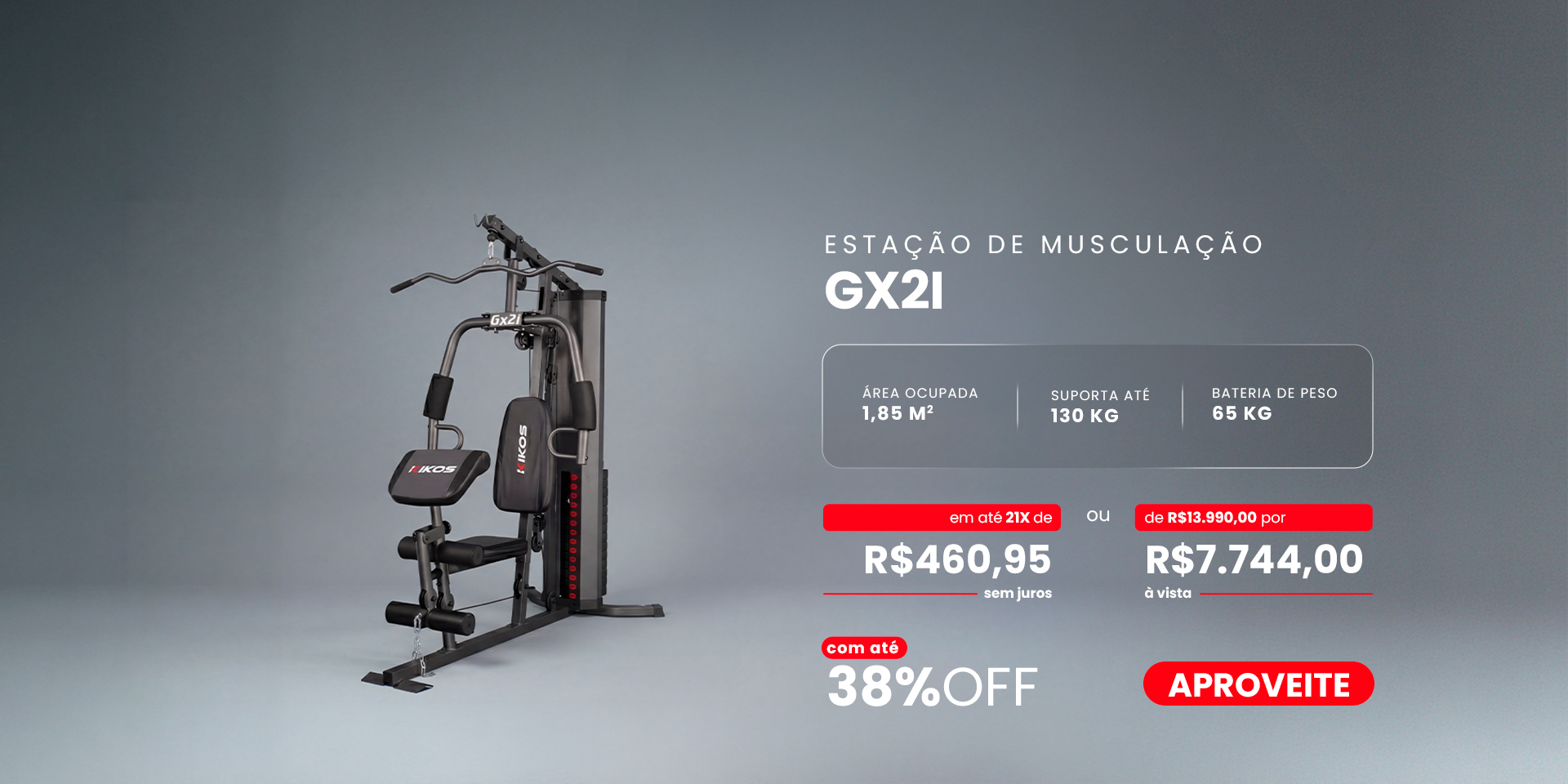 Estação de Musculação Kikos GX2i com 38% de desconto à vista ou em até 21 vezes sem juros