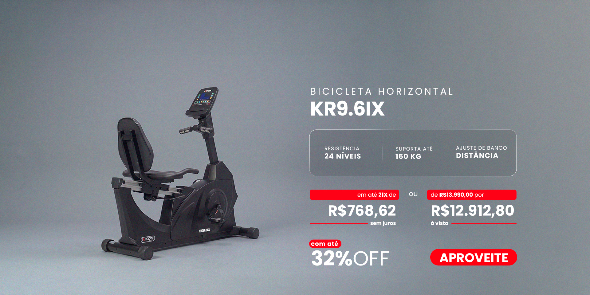 Bicicleta Horizontal Kikos KR9.6iX com 32% de desconto à vista ou em até 21 vezes sem juros