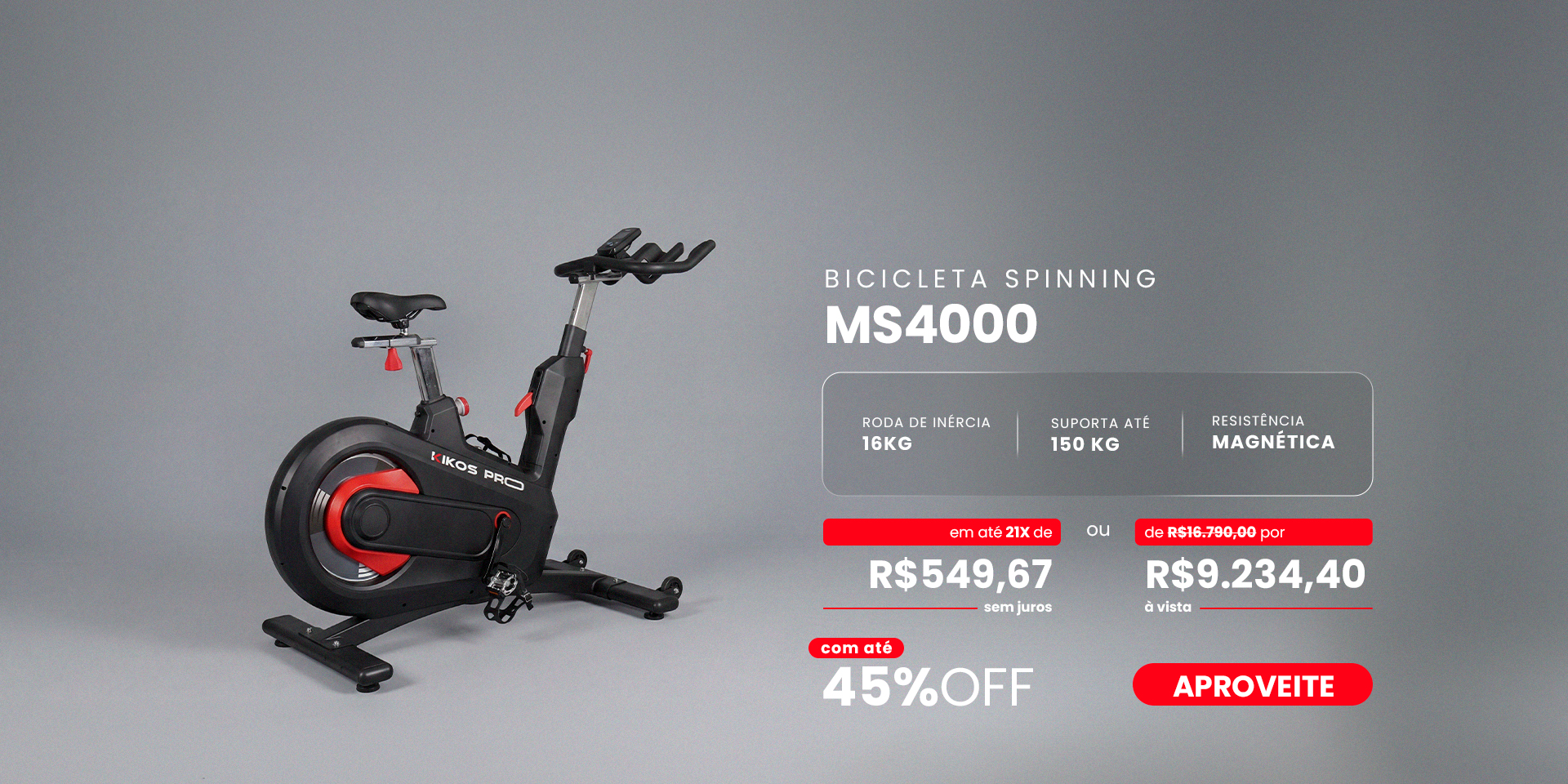 Bicicleta Spinning KIKOS MS4000 com 45% com desconto à vista ou até 21 vezes sem juros