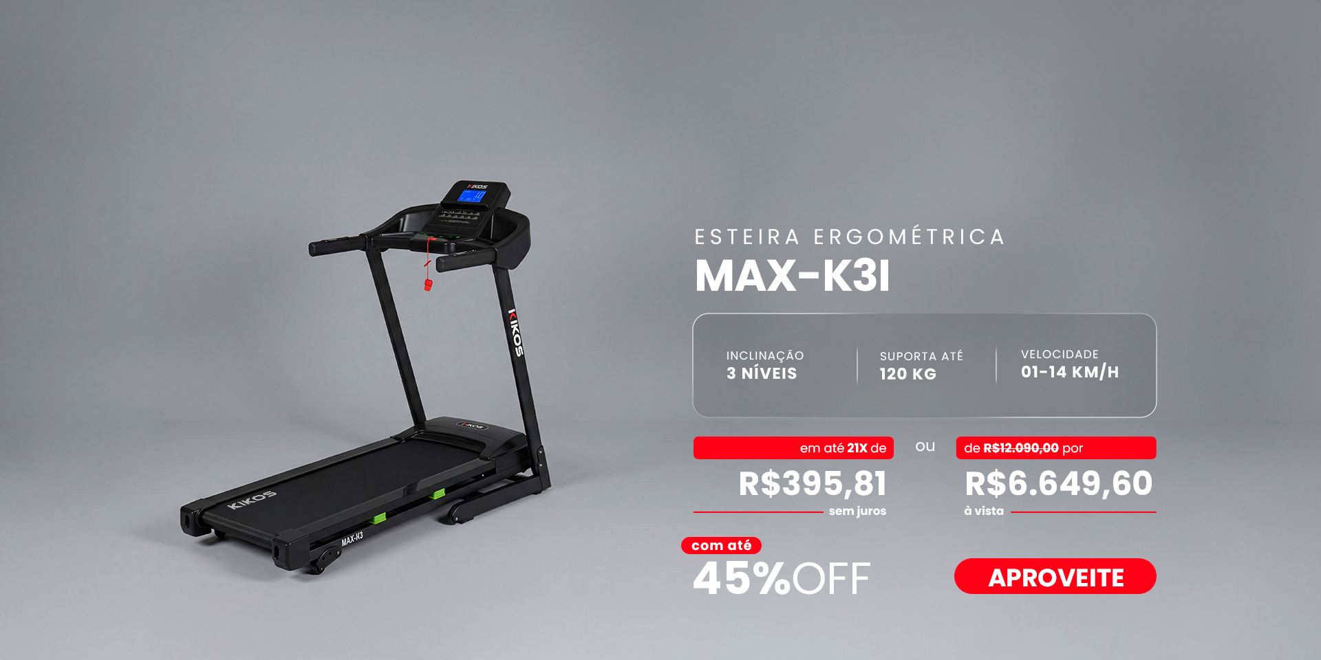 Esteira Ergométrica KIKOS MAX-K3I com 45% de desconto à vista ou até 21 vezes sem juros