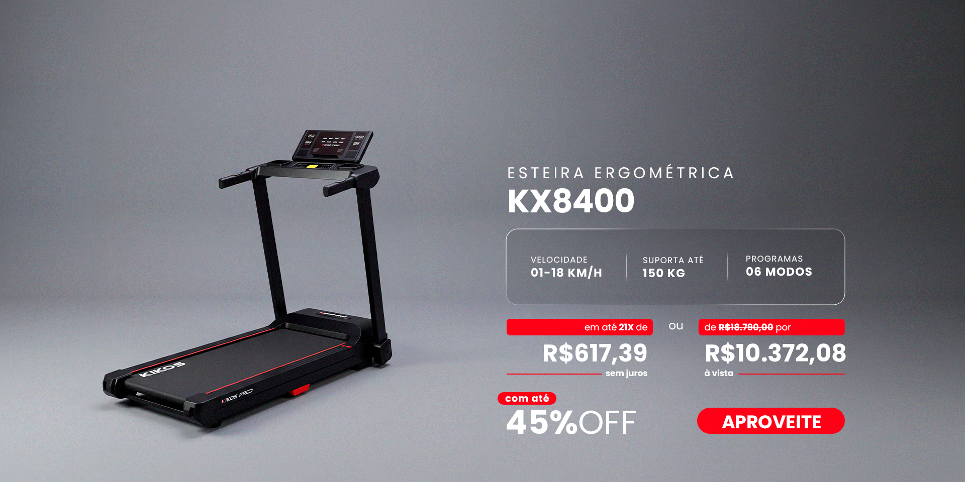 Esteira Ergométrica KIKOS KX8400 com 45% de desconto à vista ou até 21 vezes sem juros